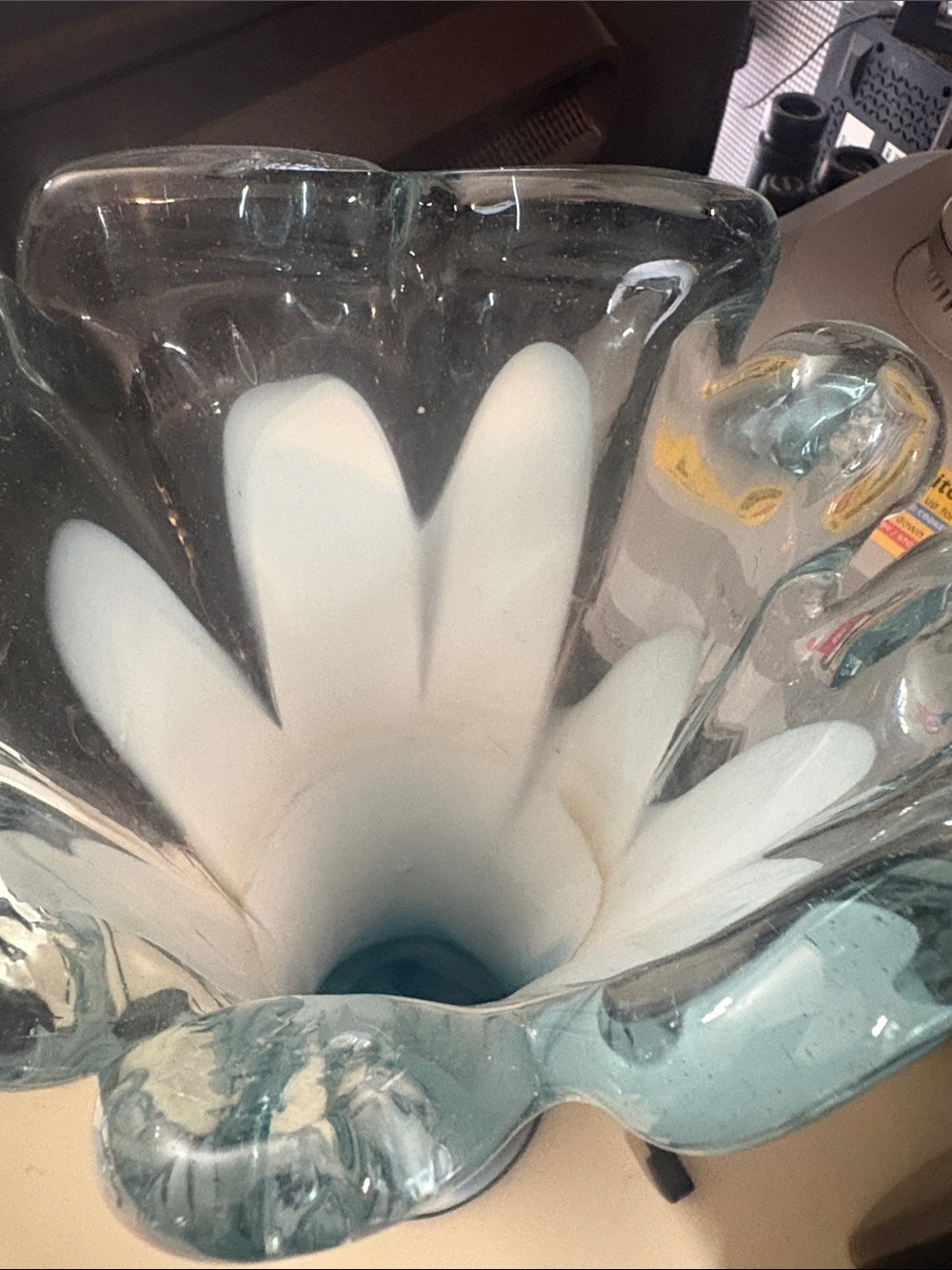 Blue and White Swirl Glass Vase swung glass vintage era